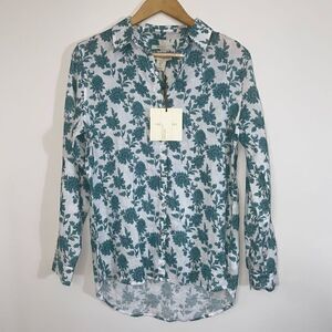 Cynthia Rowley Linen Blouse Shirt Button Up Floral Roll Tab Sleeve Small new